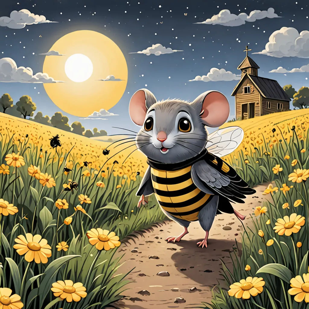 a cartoon mouse is walking through a field of flowers and a house with a full moon in the background, pop surrealism, a storybook illustration, Brian Despain, storybook illustration