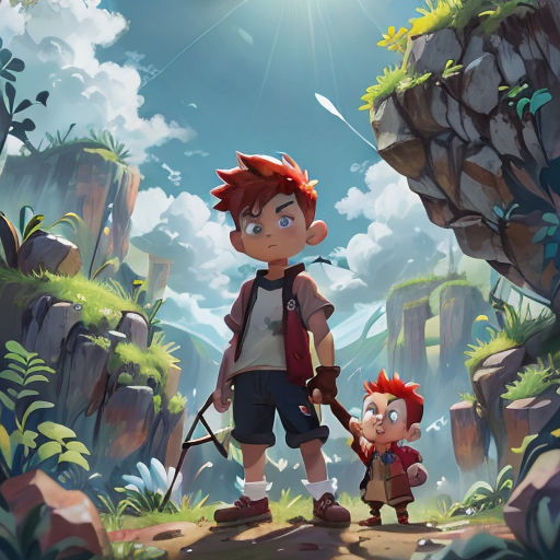 a boy and a boy with a backpack are standing in the middle of a jungle with a sun shining on them
