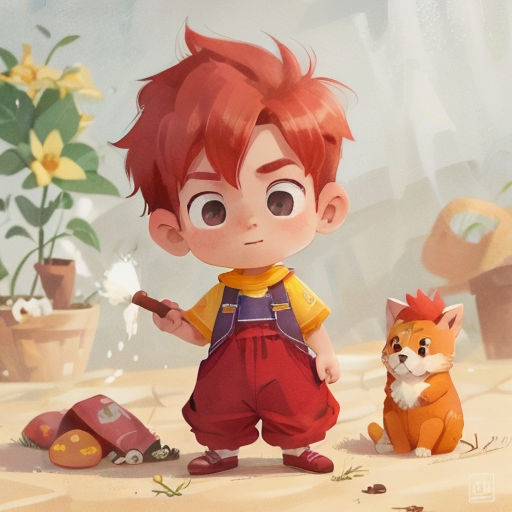 a boy with a red hair standing next to a small cat and a small orange cat on a dirt ground
