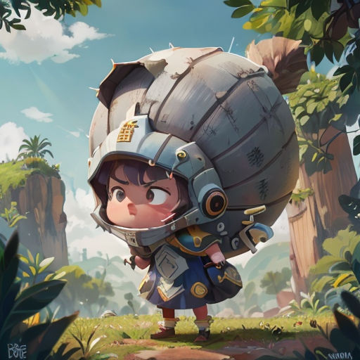 a character in a helmet standing in the jungle with a large object on his head and a helmet on his head