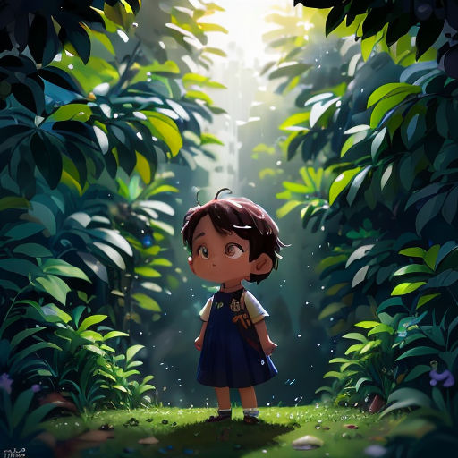 a little girl standing in the middle of a forest with a light shining through the trees behind her and a forest background