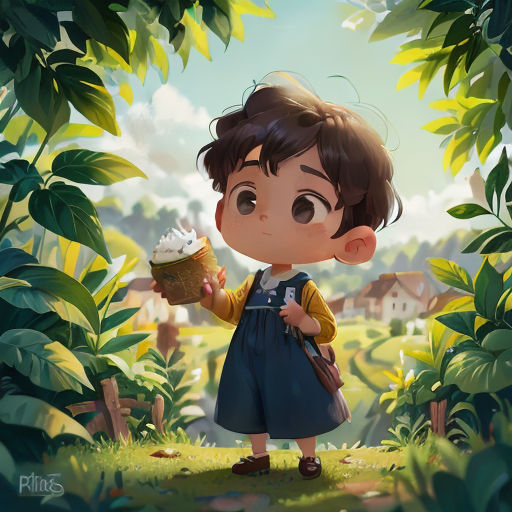 a little girl holding a cupcake in a forest with a sky background and trees in the background,