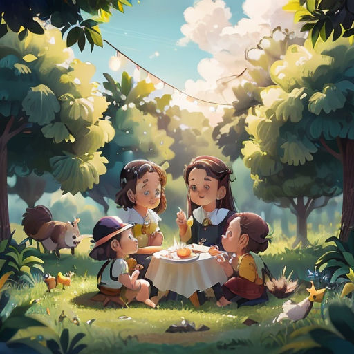 a group of children sitting around a table in the woods eating food and drinking tea together, with a dog nearby