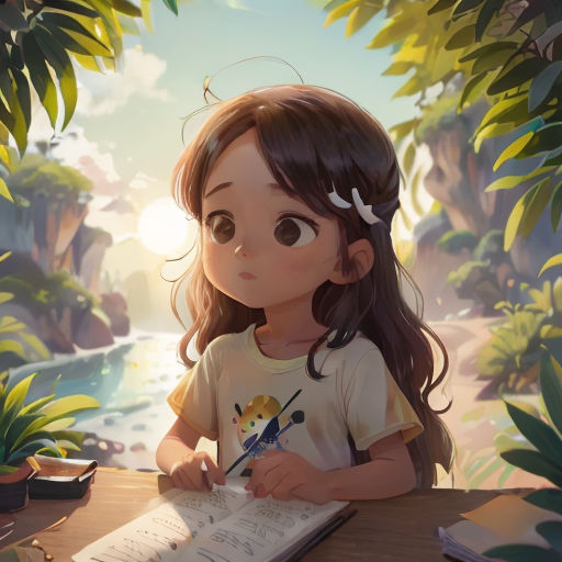 a little girl sitting at a table writing on a book with a pencil in her hand and a forest in the background