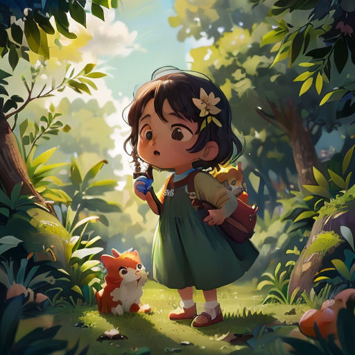 a little girl with a backpack and a squirrel in a forest with trees and bushes, looking at the ground