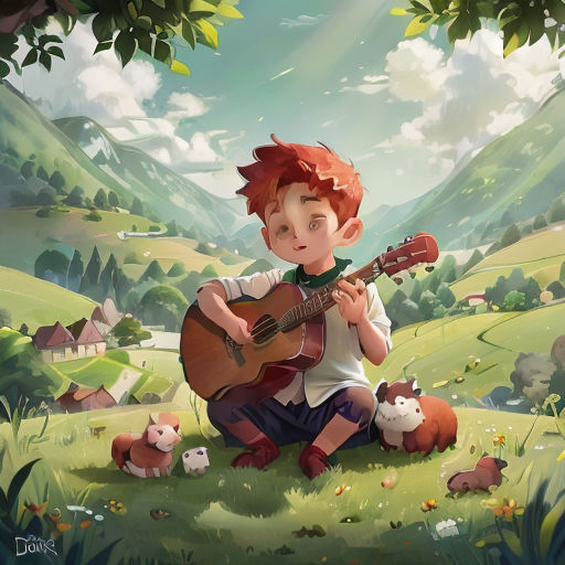 a boy playing a guitar in a field with animals around him and a mountain in the background with clouds