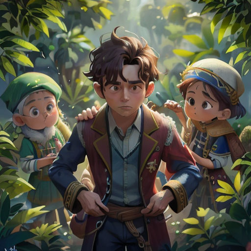 a group of people standing in the middle of a forest with trees and plants behind them, with a boy in a hat and a jacket