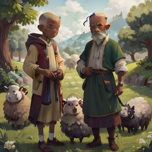 two men standing in a field with sheep and trees in the background, with a mountain in the background