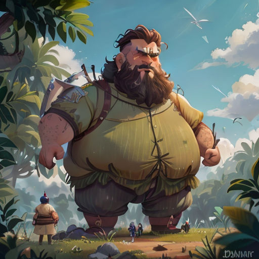 a cartoon character standing in the middle of a forest with a giant beard and a huge mustache, with a sword in his hand