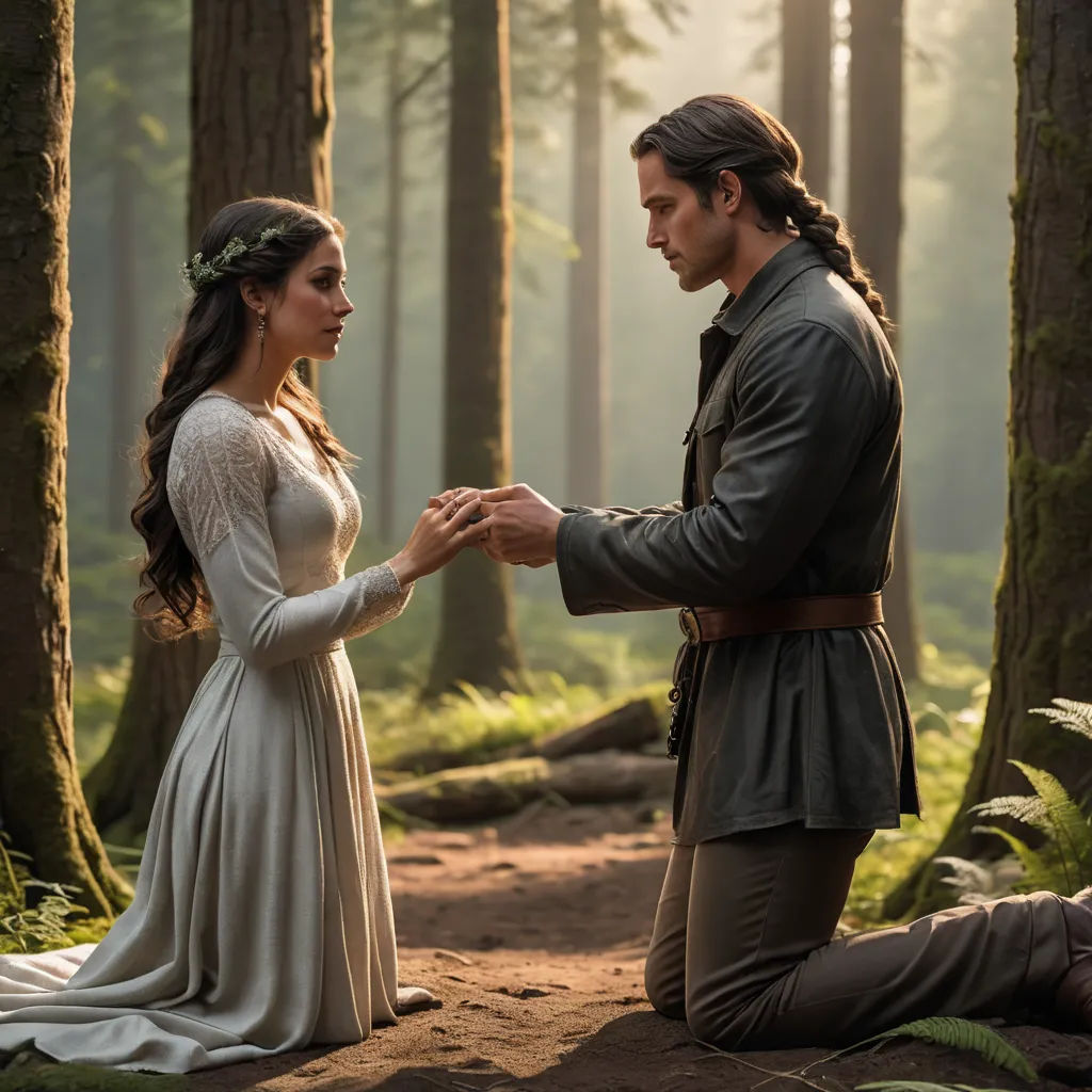 a man and a woman in a forest holding hands and touching hands with each other, with the man in the foreground holding the woman's hand, american romanticism, a detailed matte painting, Elinor Proby Adams, promotional image