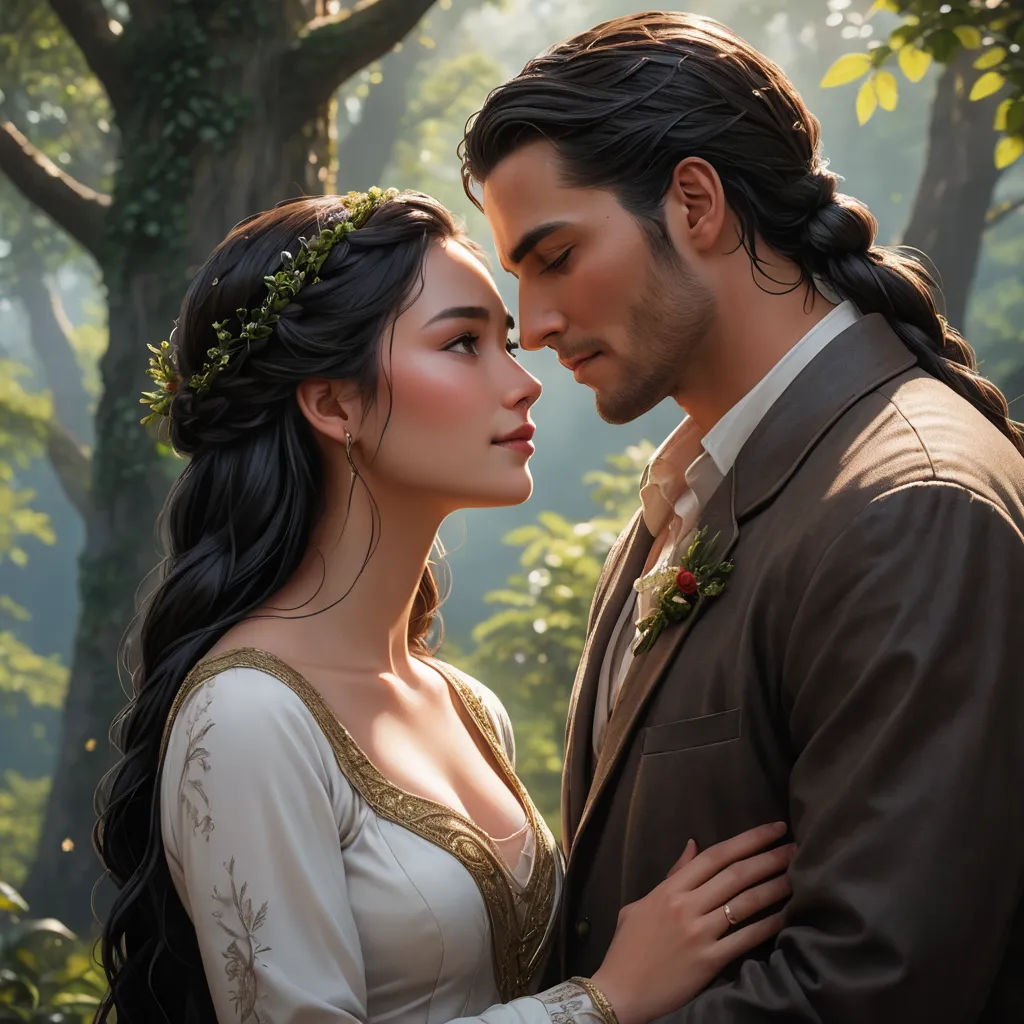 a man and a woman are standing in the woods together, one is holding the other's head, fantasy art, a photorealistic painting, Anne Stokes, rossdraws global illumination