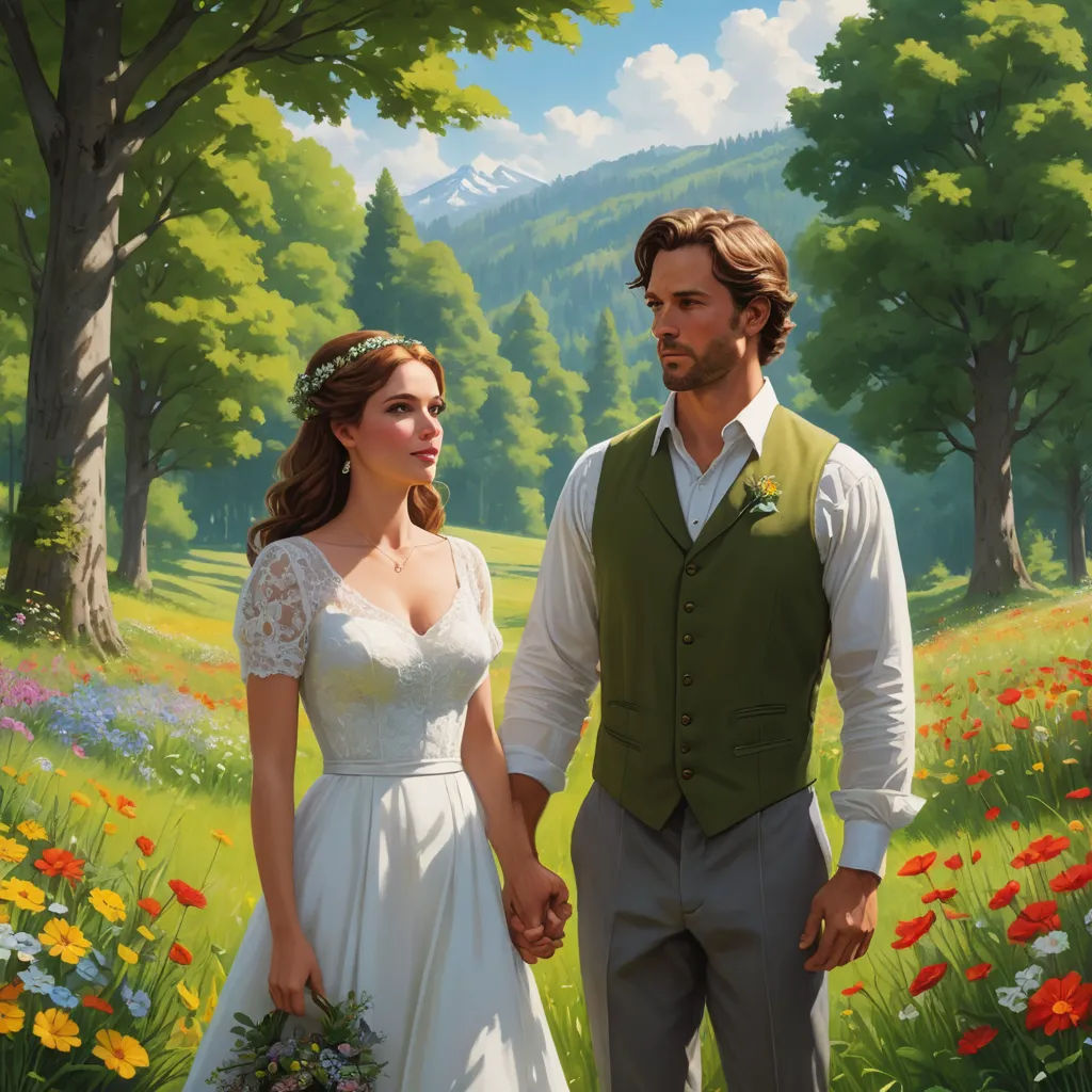 a painting of a man and woman holding hands in a field of flowers and trees, with a mountain in the background, sots art, a detailed painting, Christophe Vacher, kinkade