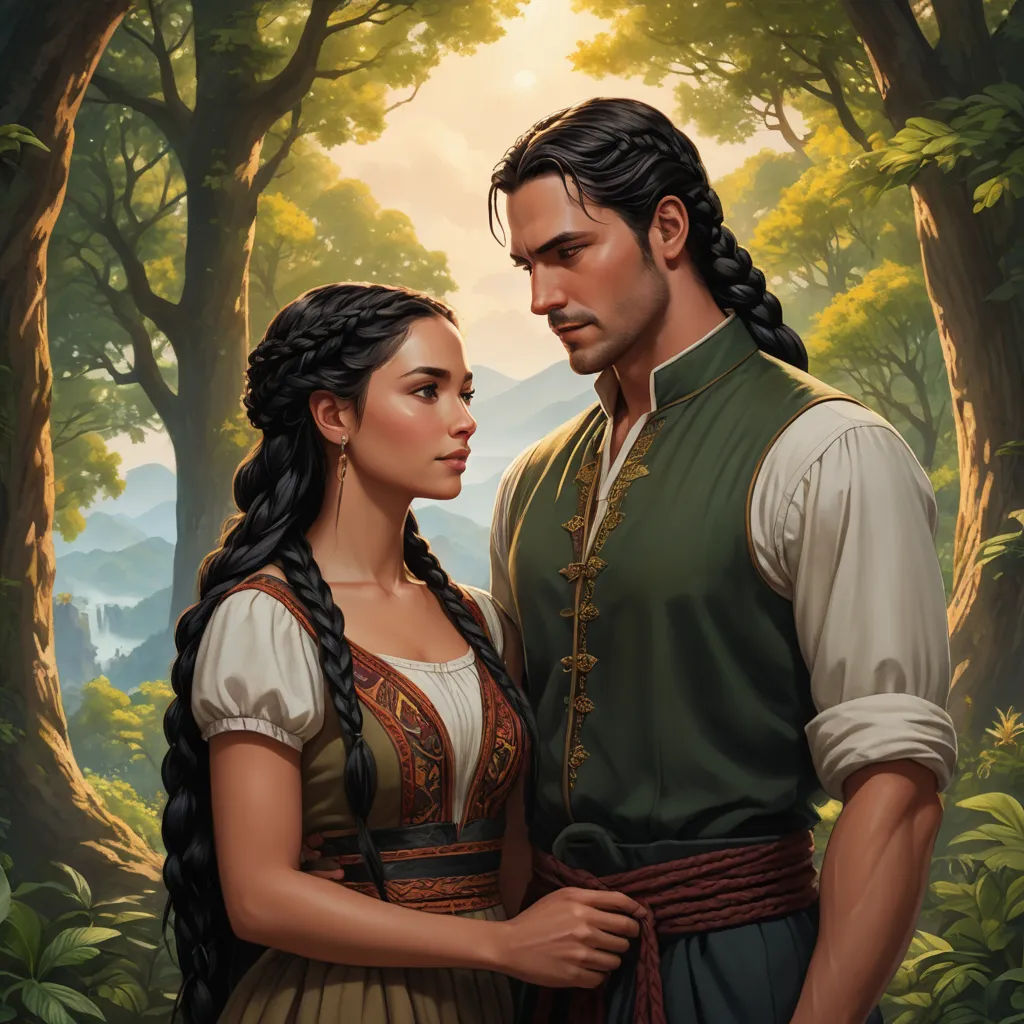 a painting of a man and a woman standing in a forest looking at each other with a forest background, fantasy art, a storybook illustration, Brothers Hildebrandt, official art