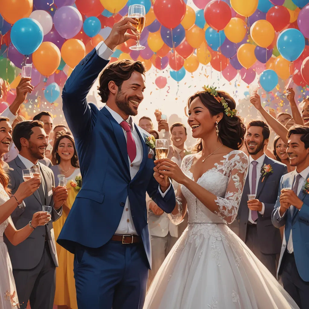 a bride and groom toasting with their guests at a wedding party with balloons and streamers in the background, photorealism, a storybook illustration, Chris LaBrooy, official art