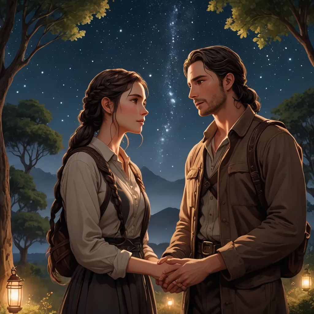 a painting of a man and a woman holding hands under a night sky with stars above them and a mountain range in the background, neo-romanticism, a storybook illustration, Christophe Vacher, official art