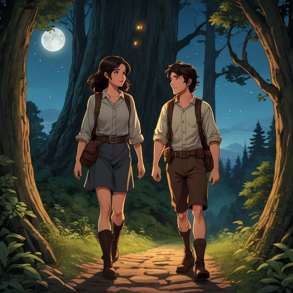a couple of people walking down a dirt road next to a forest at night with a full moon in the sky, fantasy art, a storybook illustration, Cedric Seaut (Keos Masons), official art