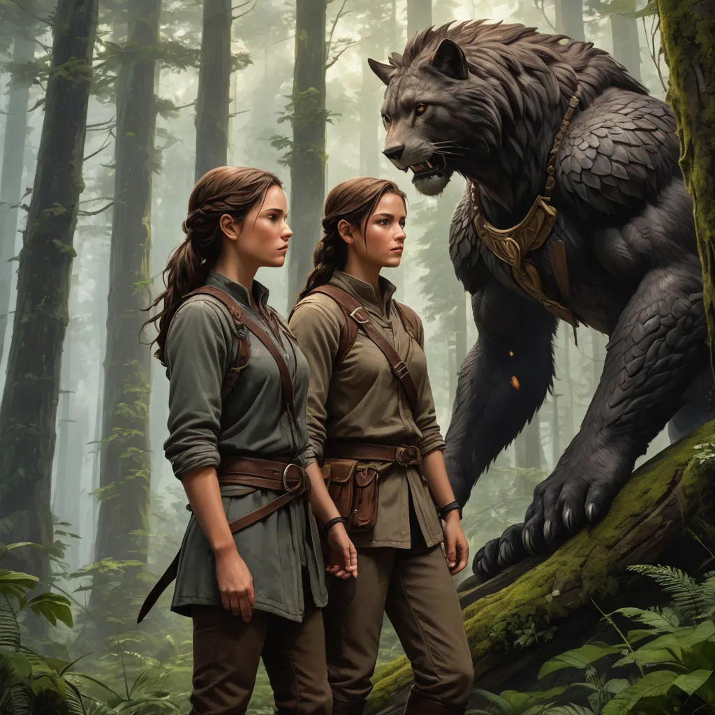 two women standing in the woods with a bear on their back and a man on his knees looking at the bear, fantasy art, a detailed matte painting, Clint Cearley, weta digital