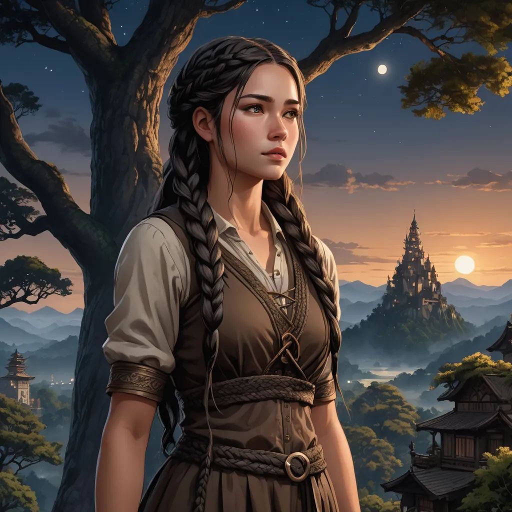 a woman in a brown dress standing in front of a tree and a castle at night with a full moon, fantasy art, a detailed painting, Christophe Vacher, fantasy artwork