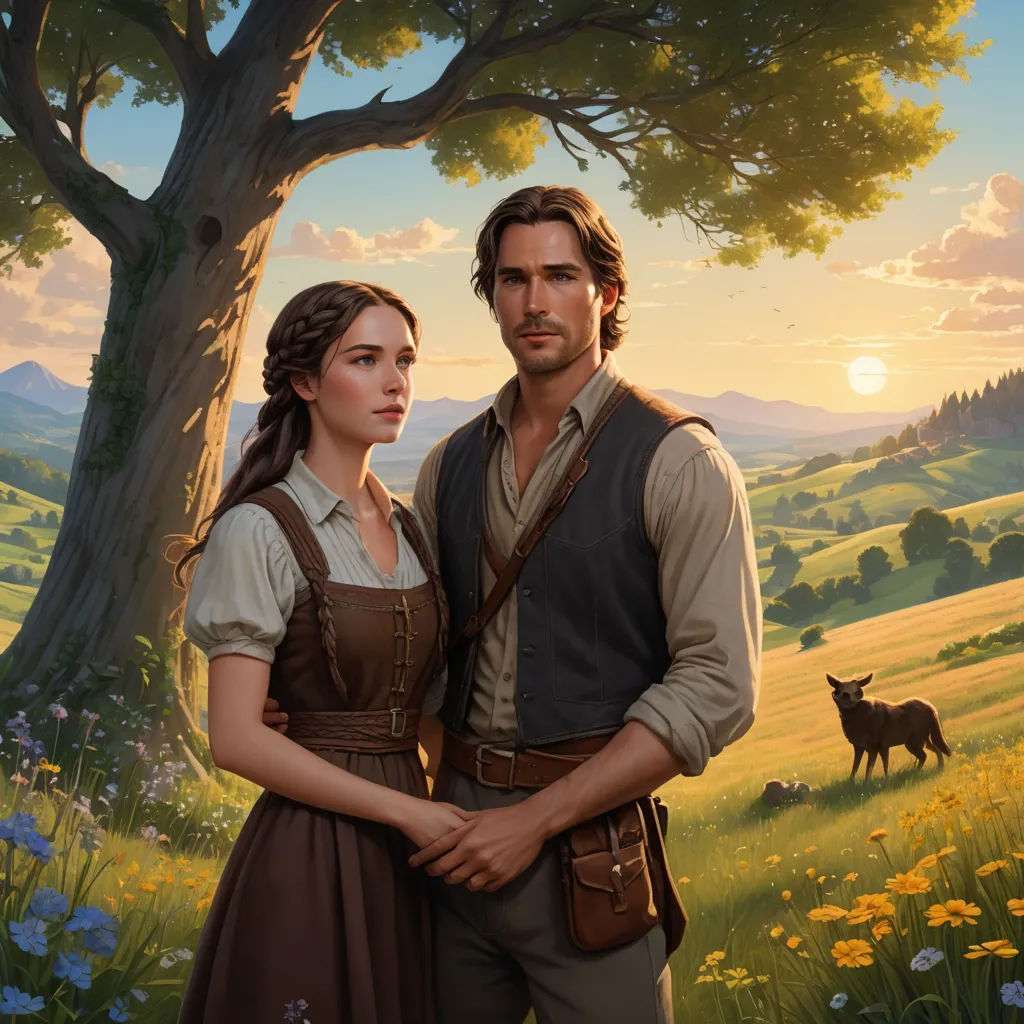 a painting of a man and woman standing in a field with a deer in the background and a tree in the foreground, german romanticism, a storybook illustration, Brothers Hildebrandt, official art