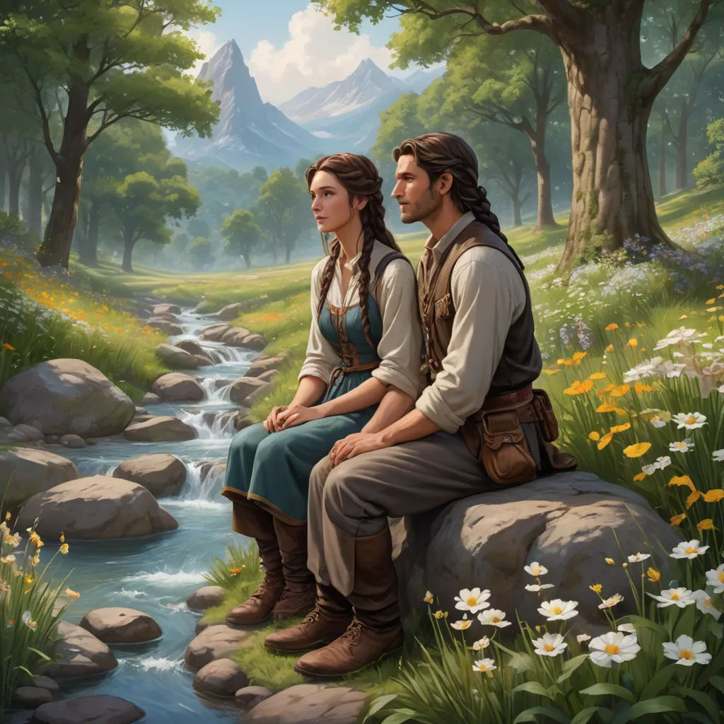a painting of a man and woman sitting on a rock next to a stream of water and flowers in the grass, german romanticism, a storybook illustration, Christophe Vacher, official art