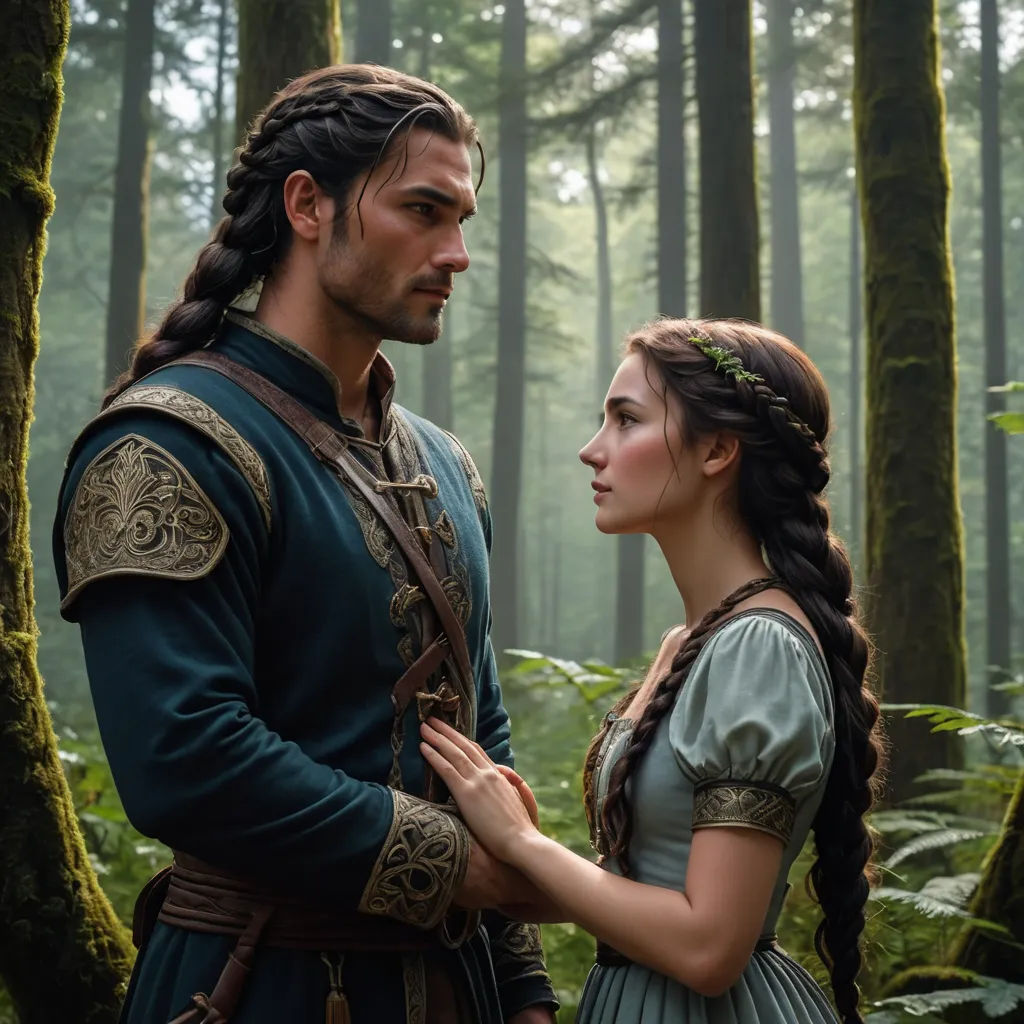 a man and a woman standing in the woods together, looking at each other with a forest background behind them, pre-raphaelitism, a poster, Evaline Ness, promotional image