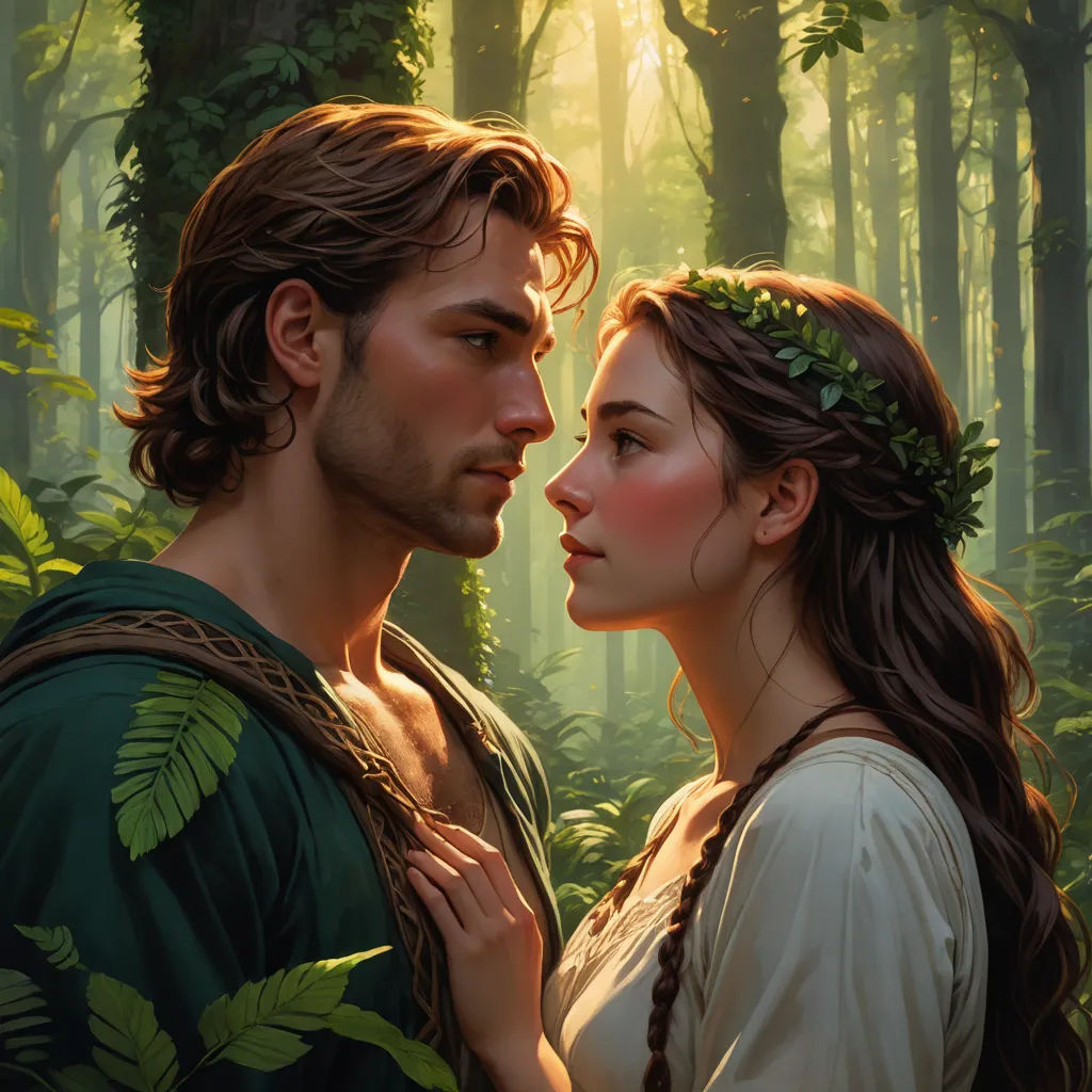 a man and a woman standing in a forest with trees and leaves on their heads and a man with a wreath on his head, fantasy art, a storybook illustration, Brothers Hildebrandt, official art