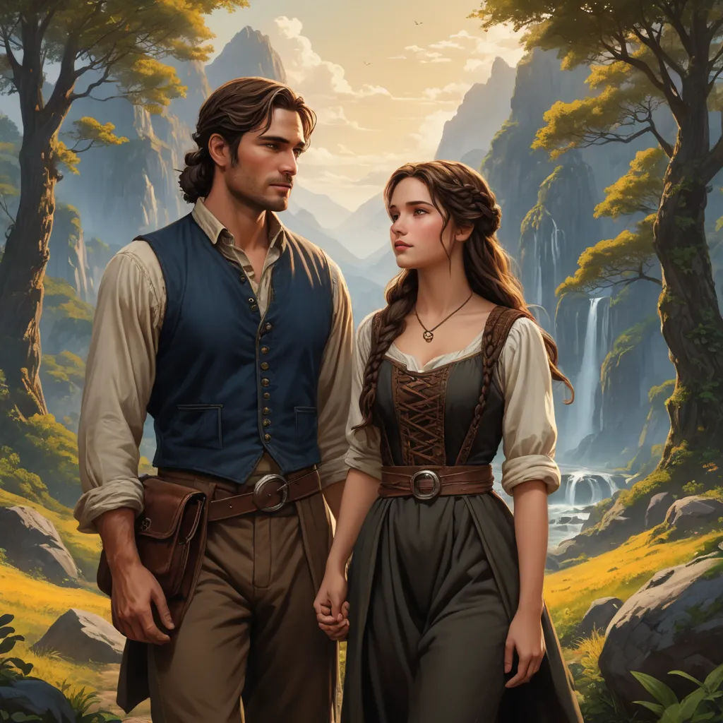 a painting of a man and a woman standing in front of a waterfall and a waterfall in the background, german romanticism, a storybook illustration, Brothers Hildebrandt, official art