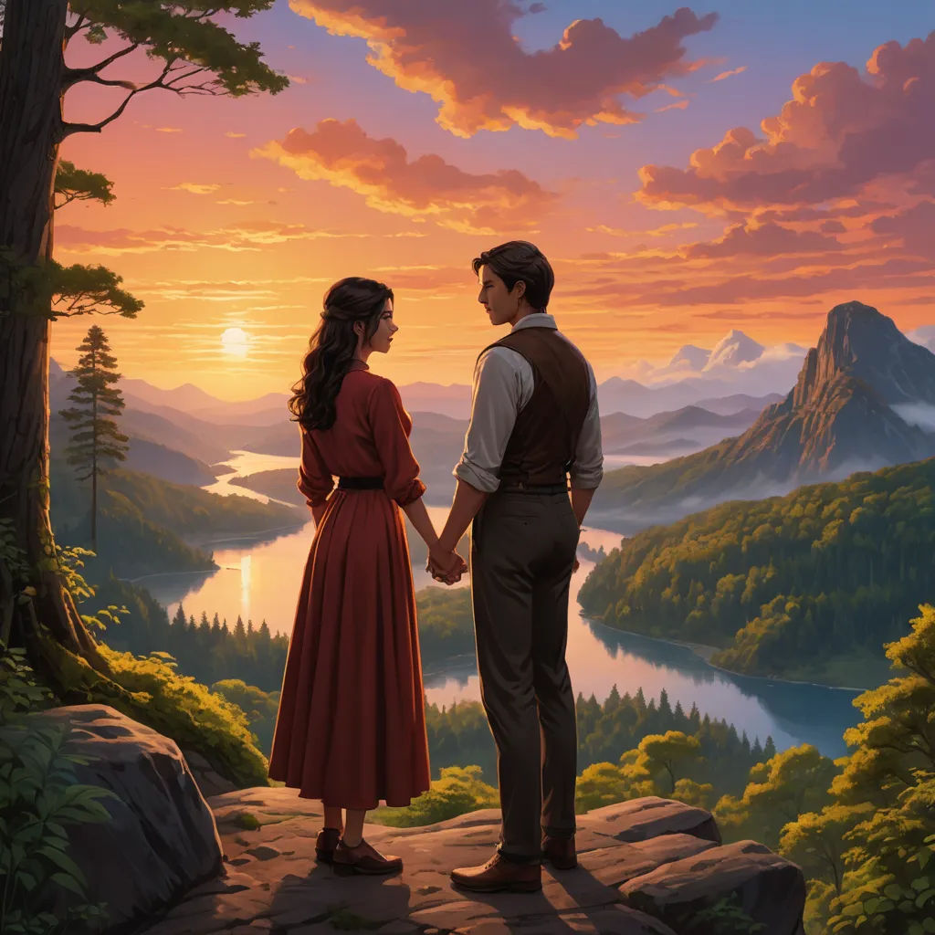 a painting of a man and a woman holding hands looking at the sunset over a lake and mountains with a mountain range in the background, american scene painting, a detailed matte painting, Dan Mumford, kinkade