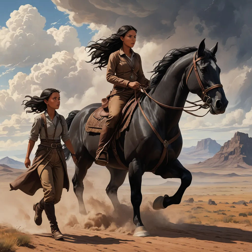 a painting of a woman riding a horse with a man walking behind her on a desert plain with mountains in the background, fantasy art, a detailed painting, Clint Cearley, mars ravelo and greg rutkowski