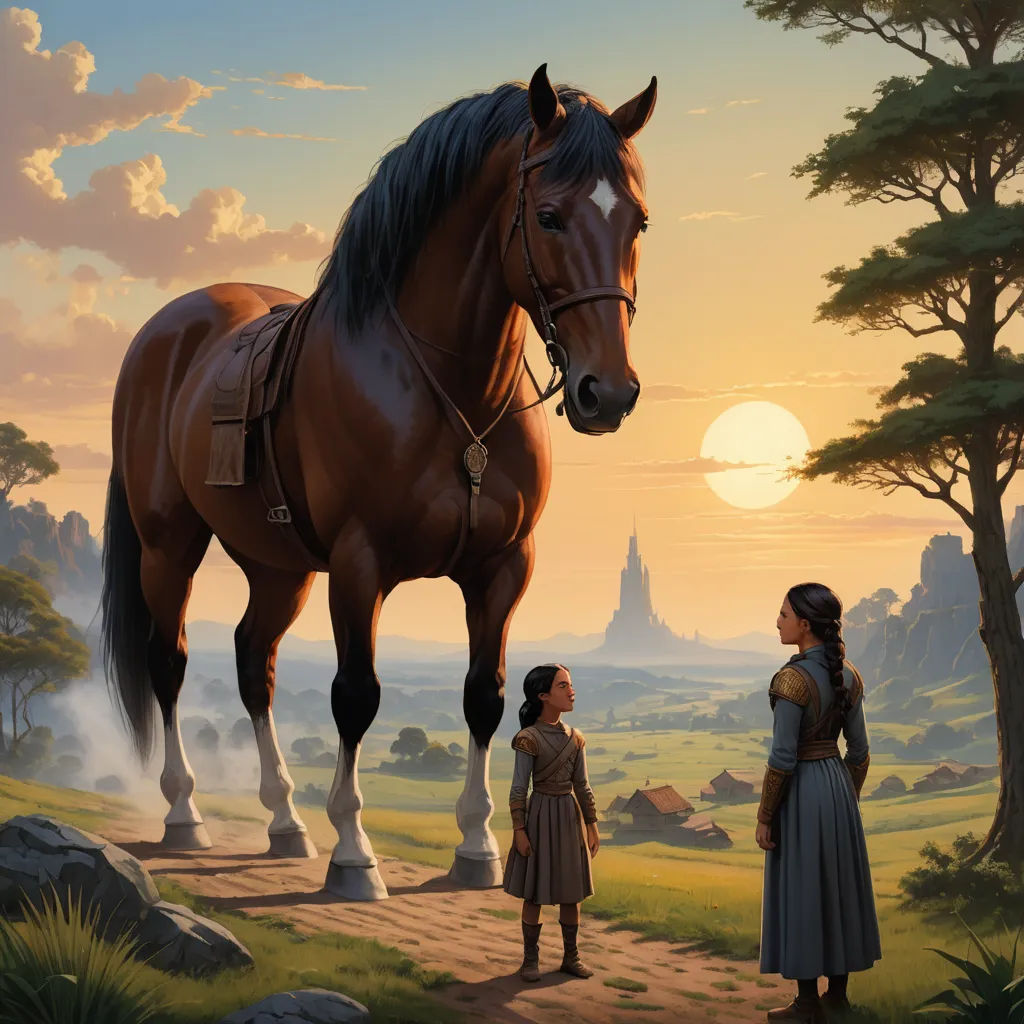 a painting of a woman and a horse in a field with a sunset in the background and a woman standing next to a horse, american scene painting, a storybook illustration, Brothers Hildebrandt, storybook illustration