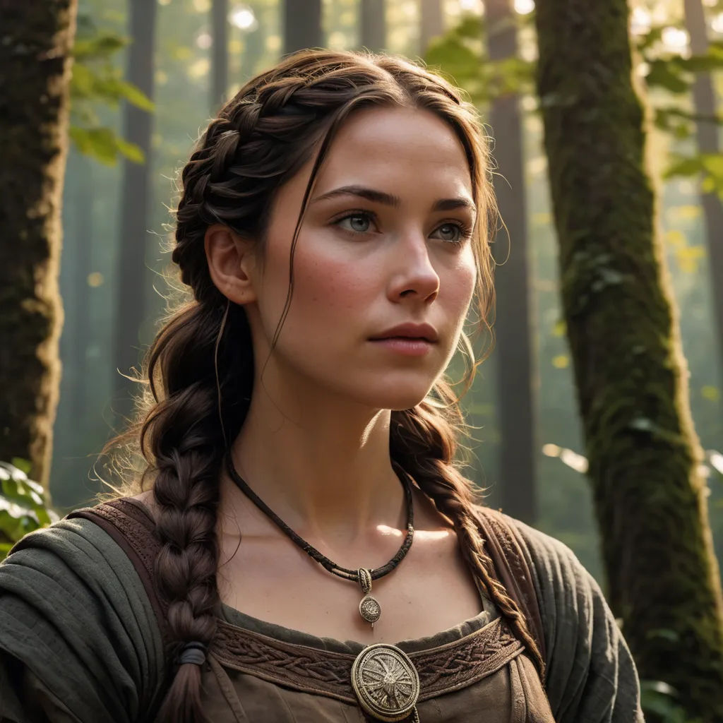 a woman with braids in a forest with trees in the background and sunlight shining through the trees behind her, antipodeans, a character portrait, Dave Melvin, leesha hannigan