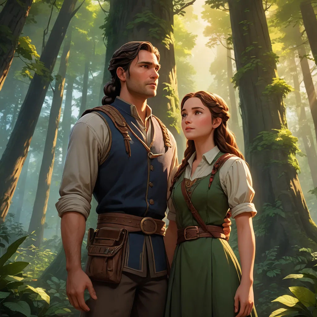 a man and a woman standing in a forest together, looking at something in the distance with trees in the background, fantasy art, concept art, Brothers Hildebrandt, official art