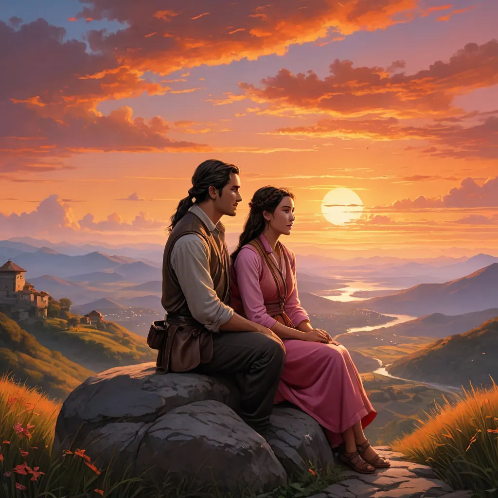 a painting of a man and woman sitting on a rock looking at the sunset over a valley with a river, fantasy art, a storybook illustration, Brothers Hildebrandt, kinkade