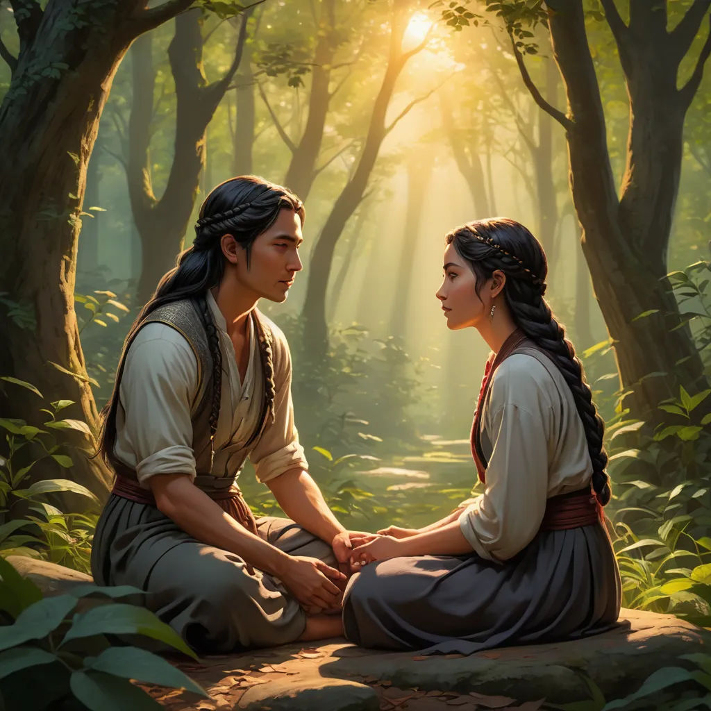 a painting of a man and woman sitting in the woods together, facing each other, with the sun shining through the trees, american scene painting, a painting, David Park, official art