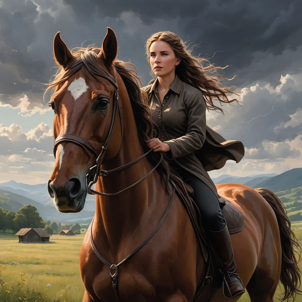 a woman riding a horse in a field with a sky background and a house in the distance with a dark cloud, figurative art, an oil on canvas painting, David Palumbo, professional digital painting