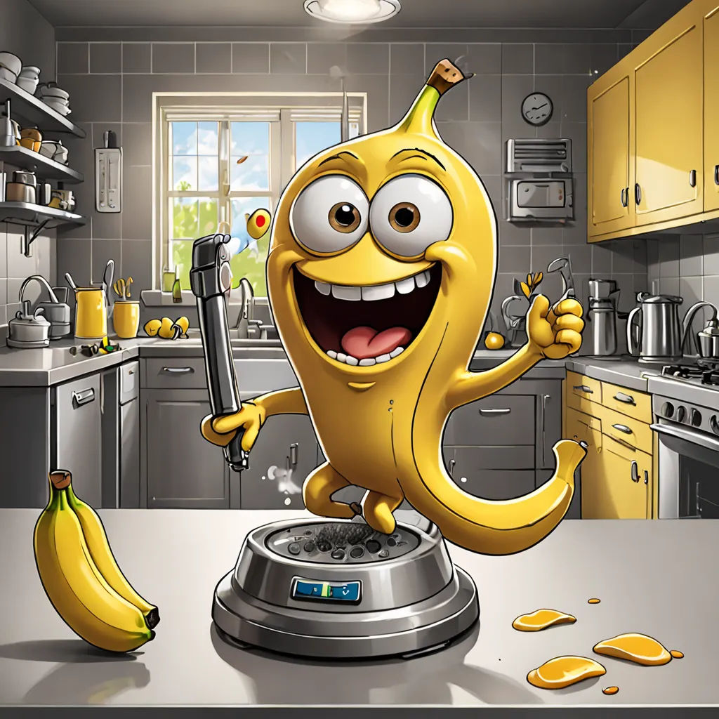 a cartoon character is on a kitchen counter with a banana and a knife in his hand and a kitchen in the background, photorealism, a character portrait, Chris LaBrooy, ultra realistic digital art