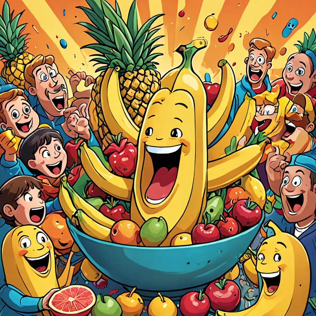 a cartoon of a bunch of fruit with a bunch of people around it and a banana in the middle, lyco art, a storybook illustration, Chris LaBrooy, detailed illustration