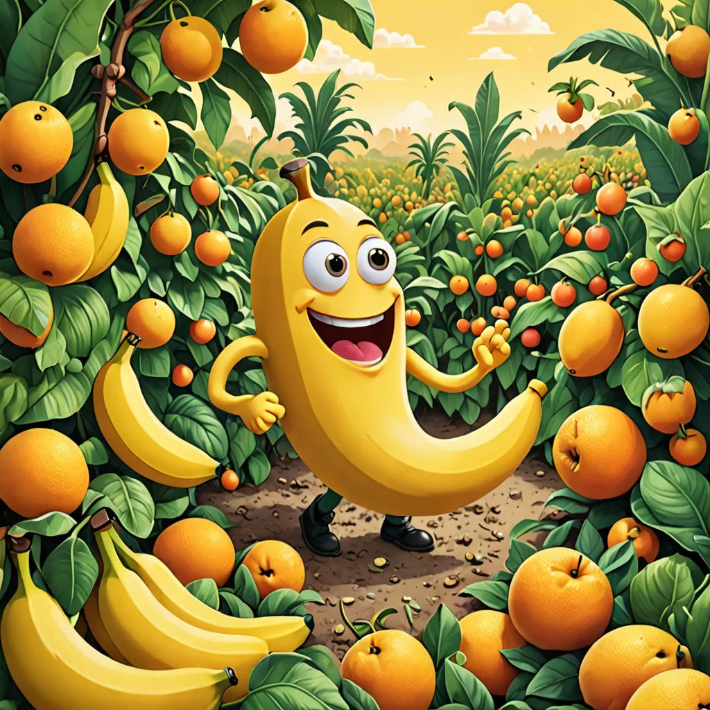 a banana with eyes and mouth standing in a field of oranges with a banana in the foreground, pop surrealism, a storybook illustration, Chris LaBrooy, highly detailed digital painting