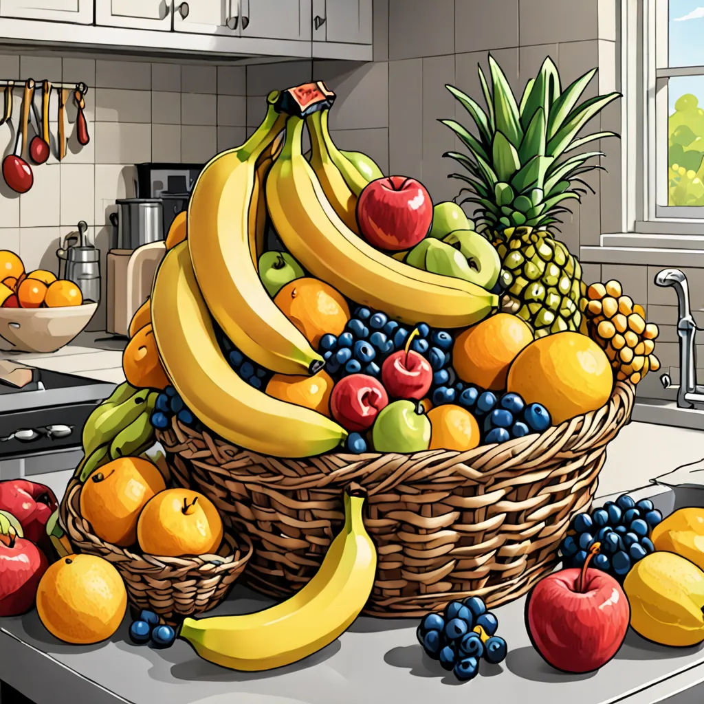a basket of fruit on a kitchen counter top with a sink and window in the background and a sink with a faucet and a sink, photorealism, a digital rendering, Chris LaBrooy, detailed illustration