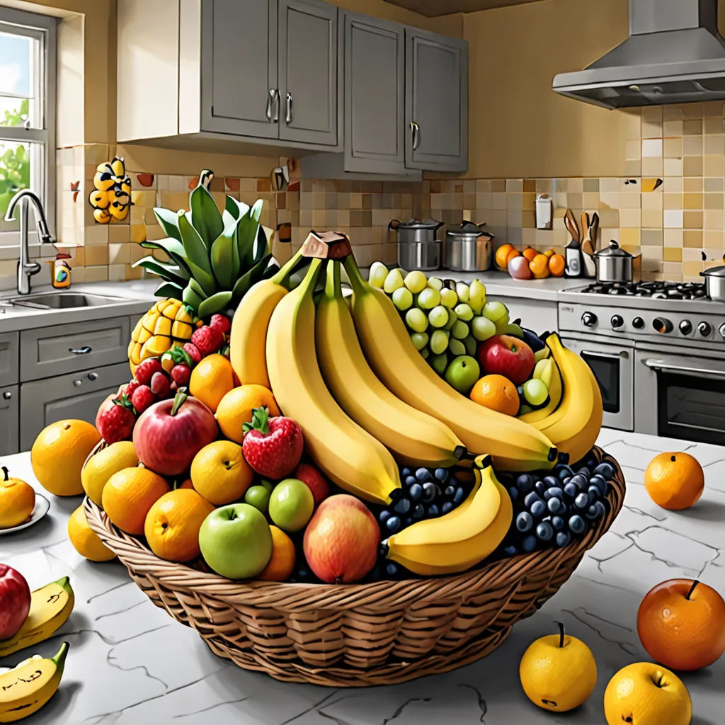 a painting of a basket of fruit on a kitchen counter top with apples, bananas, oranges, and apples, photorealism, a photorealistic painting, Chris LaBrooy, highly detailed digital painting