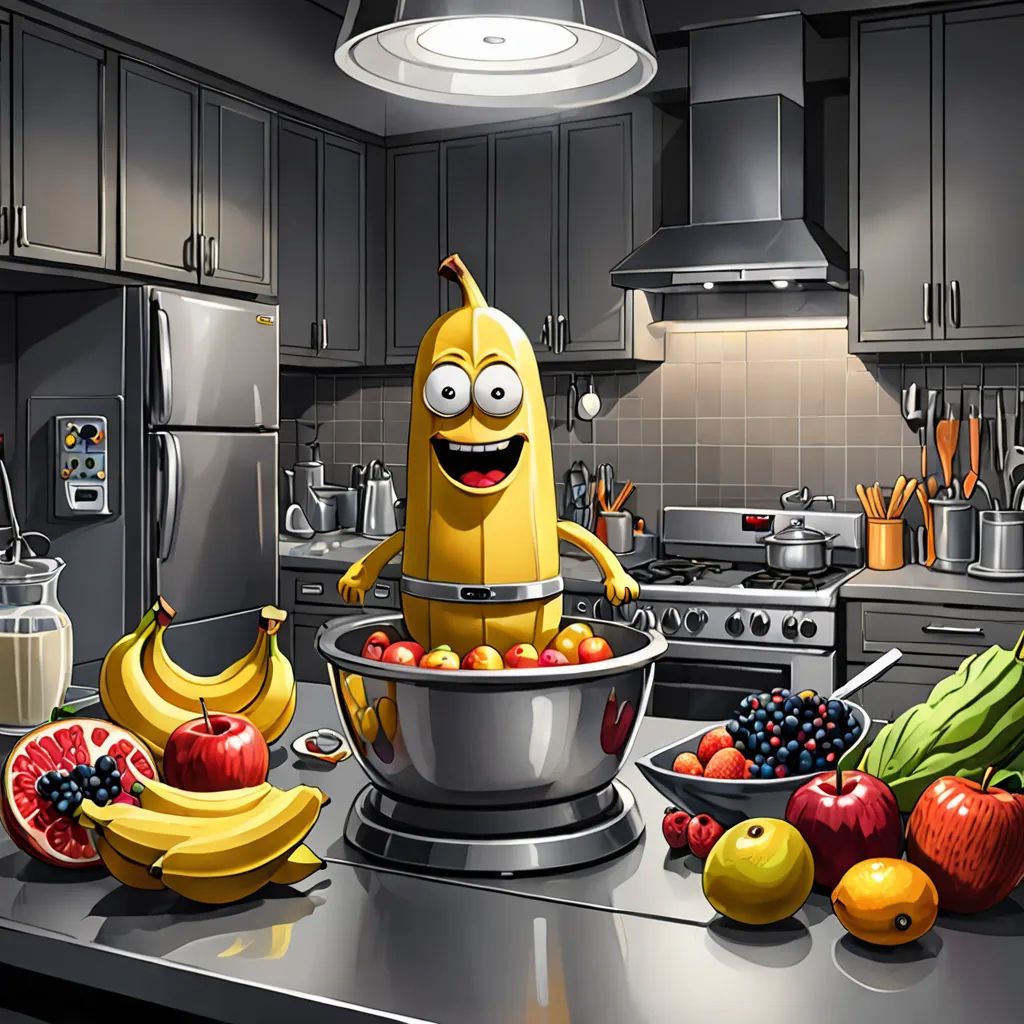 a cartoon banana is standing in a bowl of fruit on a kitchen counter with a light above it and a refrigerator, photorealism, a photorealistic painting, Chris LaBrooy, highly detailed digital painting
