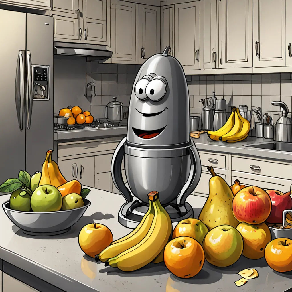 a cartoon character is standing in front of a blender surrounded by fruit and vegetables on a kitchen counter, sots art, a computer rendering, Andries Stock, blender