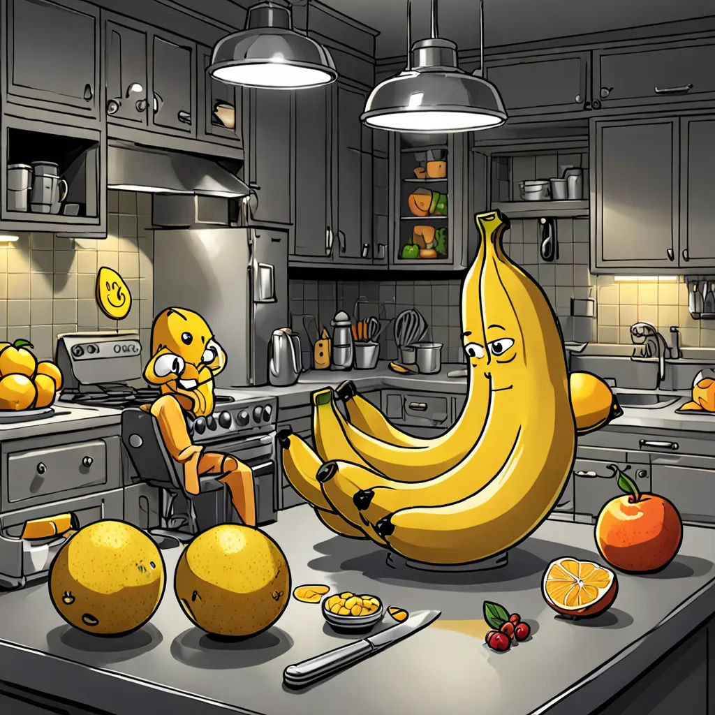 a cartoon of a banana sitting on a kitchen counter with a bunch of fruit on the counter top and a person sitting on a chair, pop surrealism, an ultrafine detailed painting, Adam Manyoki, 2 d game art
