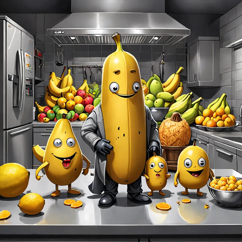 a man standing in a kitchen with a bunch of fruit and vegetables in front of him and a bunch of bananas, pop surrealism, a storybook illustration, Chris LaBrooy, highly detailed digital painting
