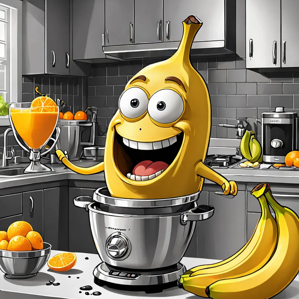 a cartoon banana is standing in a kitchen with a bowl of oranges and a pitcher of juice in front of him, pop surrealism, a digital rendering, Altoon Sultan, blender