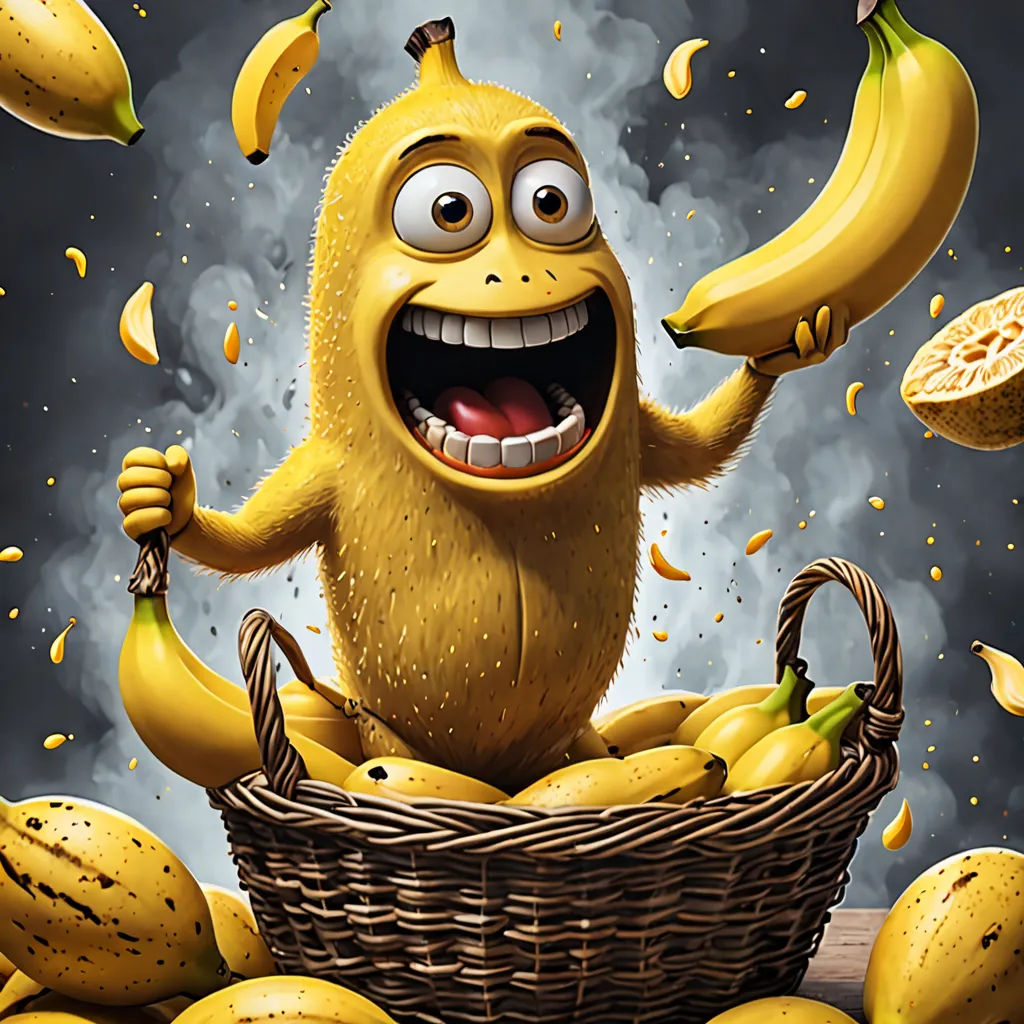 a cartoon character sitting in a basket of bananas with a banana in it's mouth and a bunch of bananas falling from his mouth, pop surrealism, a digital painting, Chris LaBrooy, highly detailed digital painting