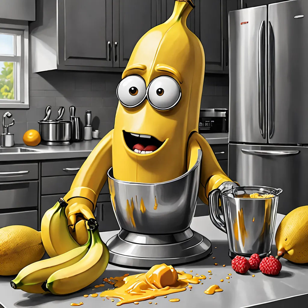 a cartoon character is making a smoothie in a kitchen with bananas and raspberries on the counter, pop surrealism, a digital rendering, Chris LaBrooy, highly detailed digital painting