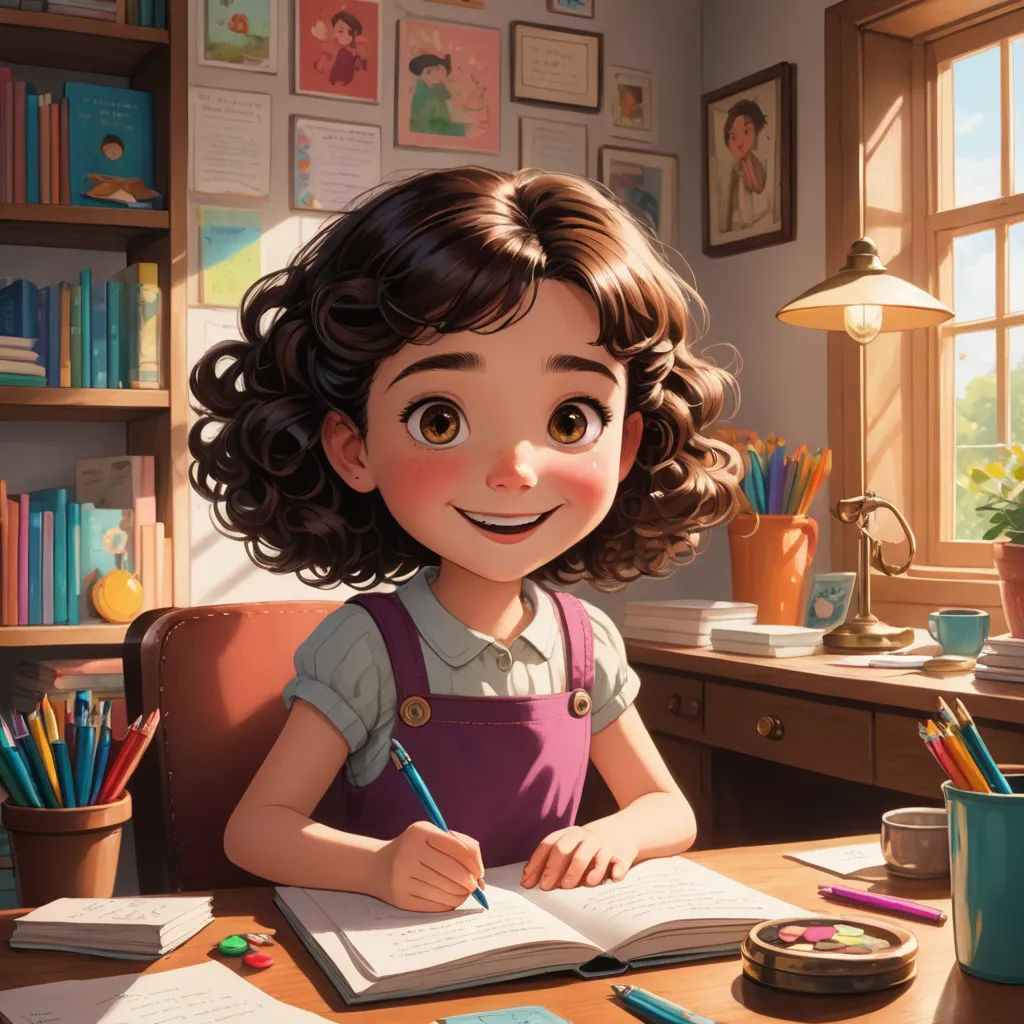 a cartoon girl sitting at a desk with a book and pencils in her hand and a book in front of her, photorealism, a storybook illustration, Chris LaBrooy, cgstudio