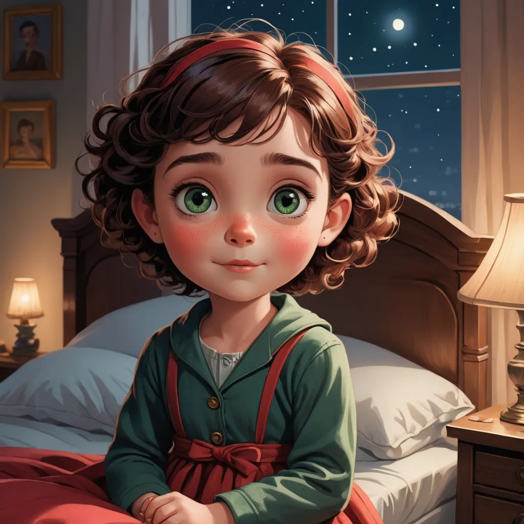 a painting of a little girl sitting on a bed with a night sky in the background and a lamp on the nightstand, space art, a storybook illustration, Clarice Beckett, storybook illustration