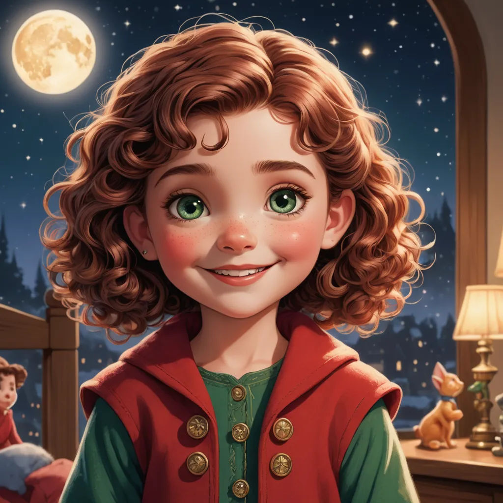 a painting of a little girl with green eyes and a red coat on, standing in front of a window, photorealism, a storybook illustration, Cliff Childs, kinkade
